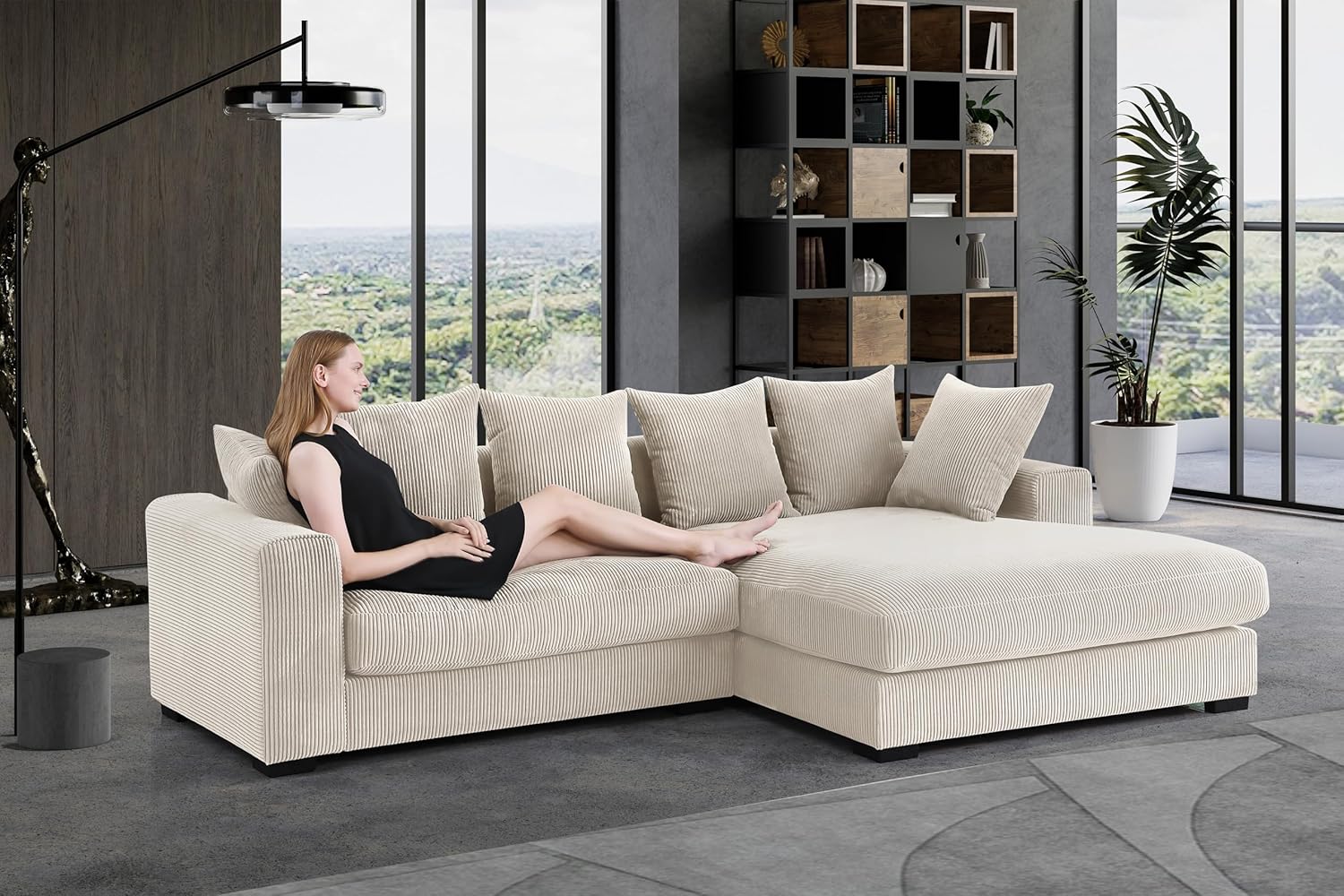 Corduroy 3-Piece Upholstered Sectional Chaise,L Shaped Sofa with Versatile Ottoman and Six Complementary Toss Pillows for Living Room,Apartment,Office,Beige