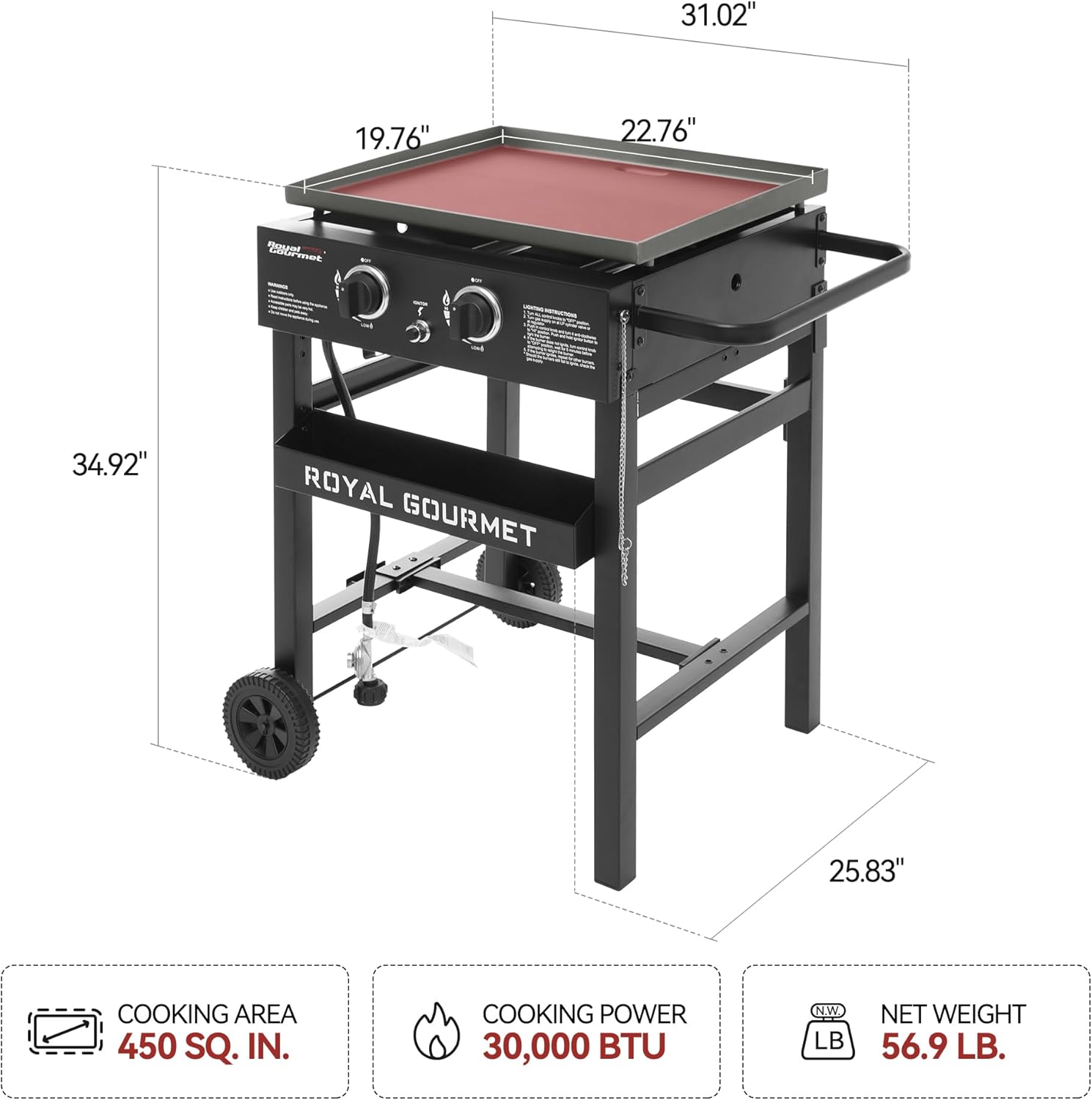 Royal Gourmet GB2000N 2-Burner Propane Gas Griddle, 23-Inch Flat Top BBQ Grill, 30,000 BTUs, Outdoor Griddle Station with 450 Sq. In. Cooking Area for Camping, Patio, or Tailgating, Black