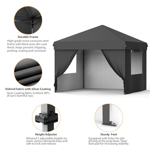 Grey 10x10 Pop Up Canopy with 4 Removable Sidewalls and Windows, 3 Adjustable Heights Commercial Shelter, Portable Enclosed Instant Tent with Wheeled Carry Bag, Waterproof Outdoor Gazebo