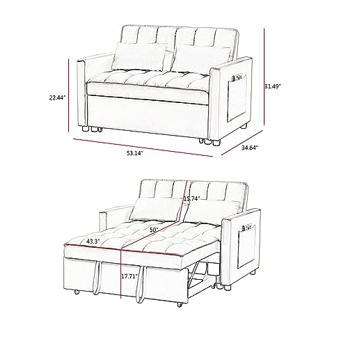 JINS&VICO 3 in 1 Sleeper Sofa Bed, Convertible Lounge Couch Bed with Side Pockets, Pullout Sleeper Loveseat with Pillows and Adjustable Backrest for Home Office and Small Space, Off White