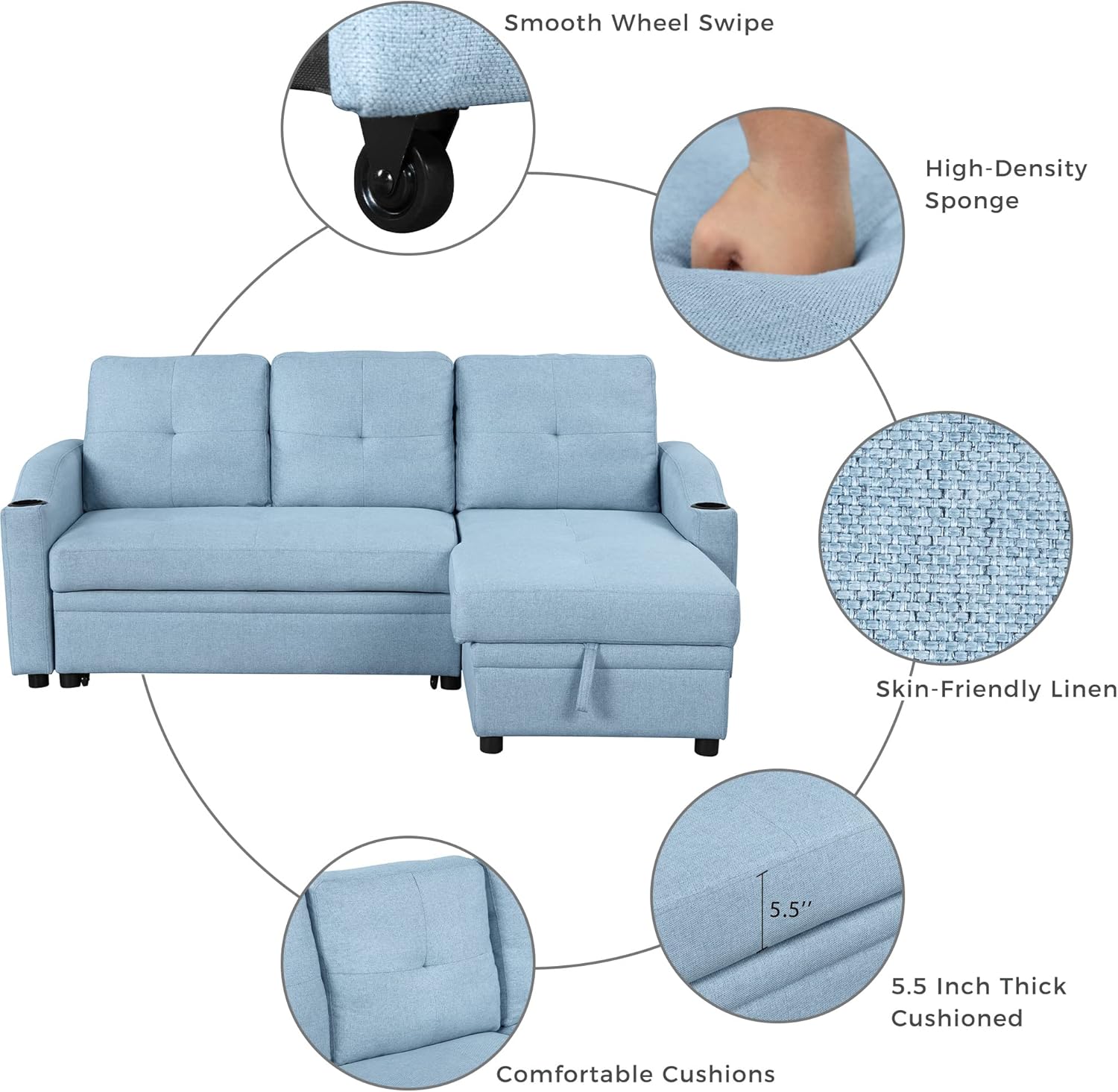 80.3" L-Shape Convertible Sleeper Sofa with Pull-Out Bed, Storage Chaise and 2 Cup Holders, Linen Fabric 3 Seater Upholstered Reversible Couch for Small Spaces Living Room, Blue