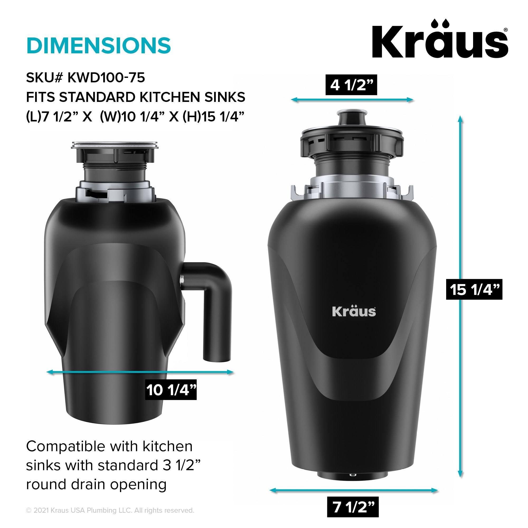 Kraus KWD100-75MBL WasteMate Continuous Feed Garbage Disposal with 0.75 HP Ultra-Quiet Motor for Kitchen Sinks
