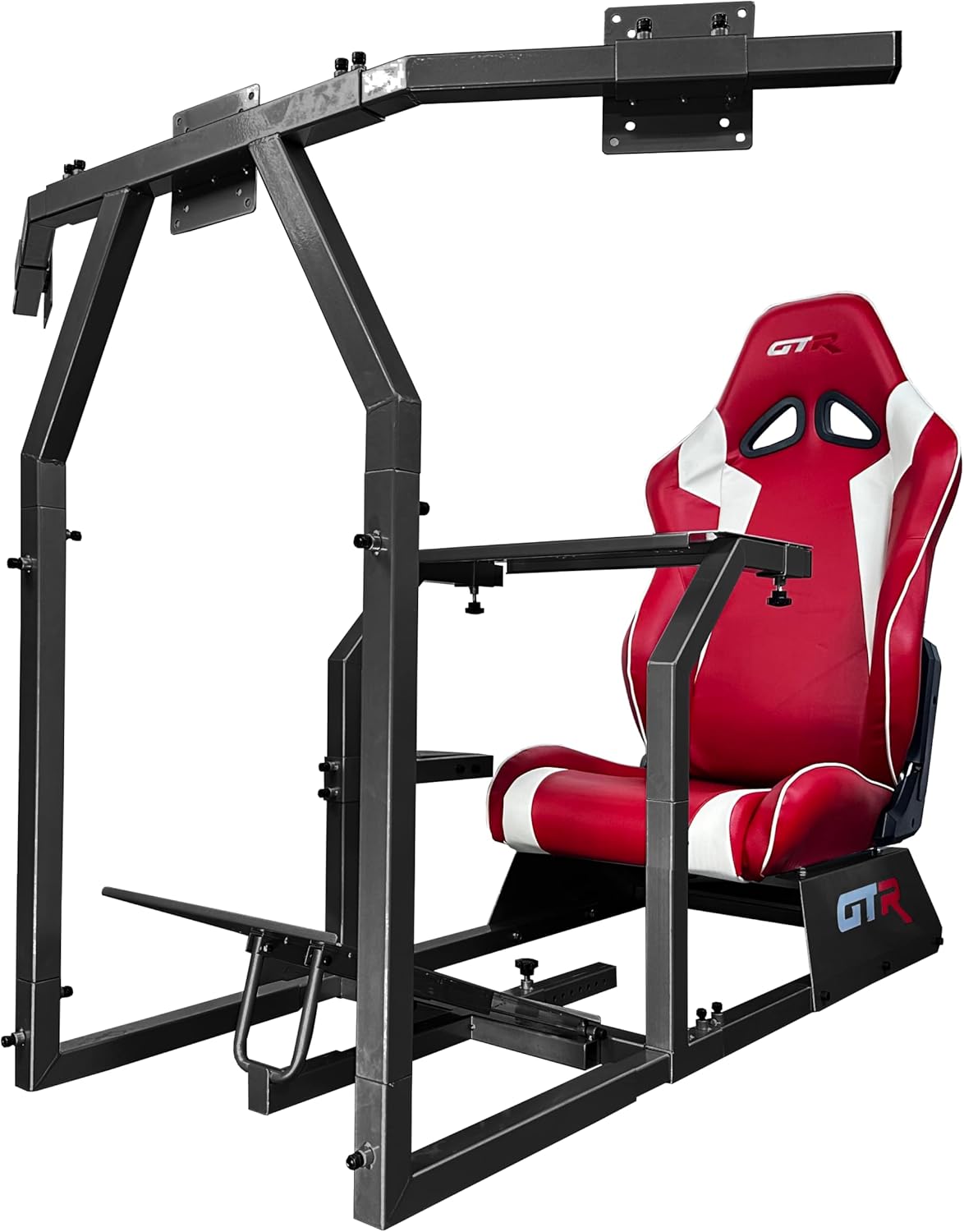 GTR Simulator GTA-F Model Black Frame Triple | Single Monitor Stand with Red White Adjustable Leatherette Seat Racing Driving Gaming Simulator Cockpit Chair