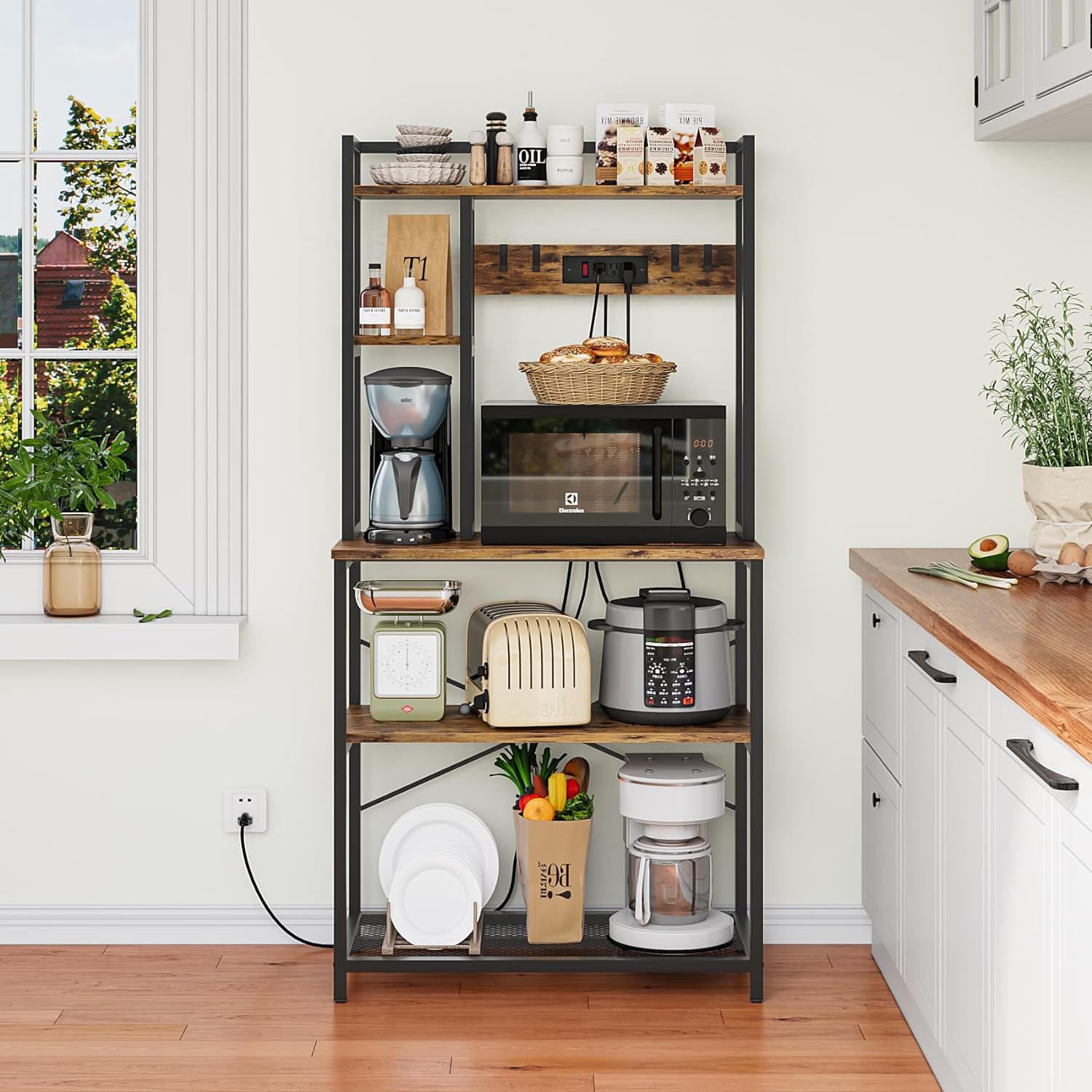 5-Tier Bakers Rack for Kitchens with Power Outlet, 31.5 Inch Microwave Stand, Freestanding Metal Kitchen Rack with Hooks, Coffee Bar Station, Rustic Brown