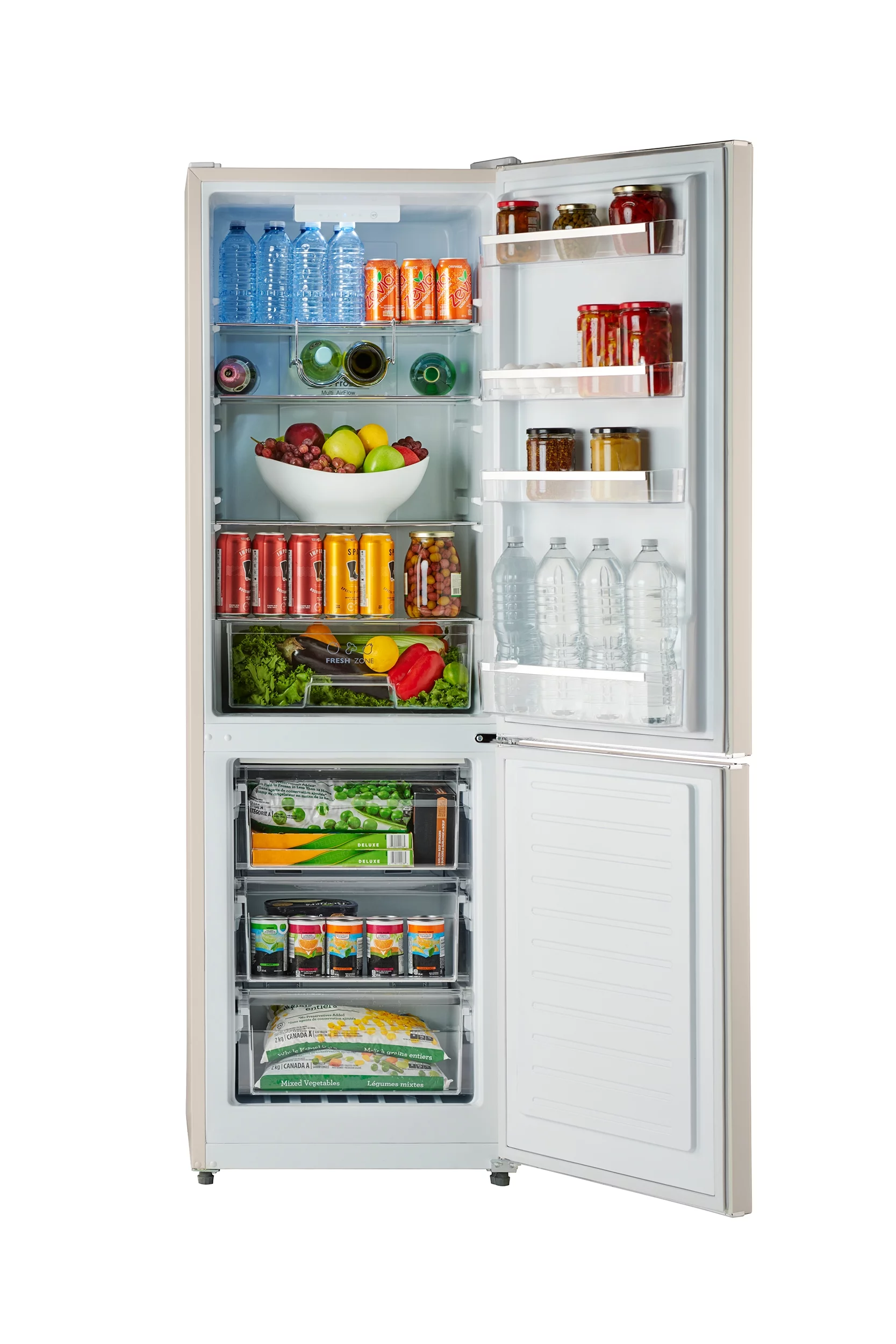 iio 24" 11 Cu Ft Bottom Freezer Retro Refrigerator, Fridge for Bedroom, Multiflow 360°, Small Mini Ice Cube Tray, 1 Fruit container, LED, Dorm RV Office Beverage Quiet Compressor, Cream (Right Hinge)