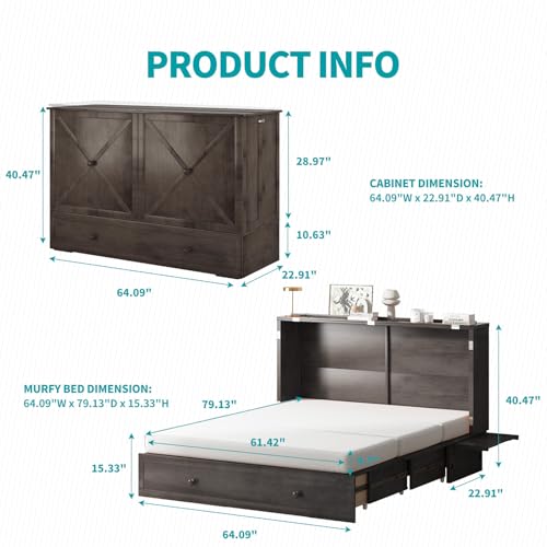 BALUS Murphy Bed, Furniture Murphy Cube Cabinet Bed with USB Charging Station, Foldable Cabinet, Memory Foam Queen Size Mattress, Storage Drawer-Cherry