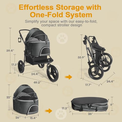 Dog Stroller for Small Medium Dogs, 3 in 1 Pet Stroller for Cats and Dogs, 3 Wheels Jogging Stroller with Removable Carrier, All Terrain Stroller with Storage Basket and Cup Holder (Black)