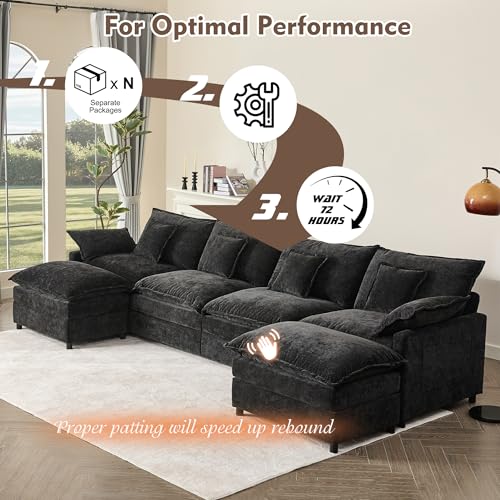 108" U Shaped Couch, Modular Sectional Sofa, 3-Seater Comfy Cloud Couch with Movable Ottoman, Deep Seat Couches for Living Room, Chenille, Black