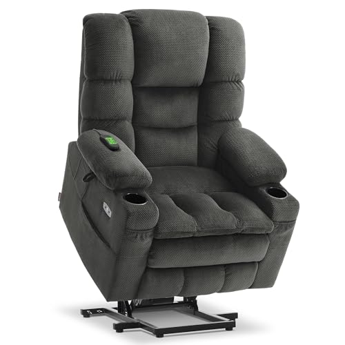 MCombo Large Triple Motor Power Lift Recliner Chair with Massage and Dual Heating, Adjustable Headrest for Tall Elderly People, Fabric 7634 (Grey, Large)