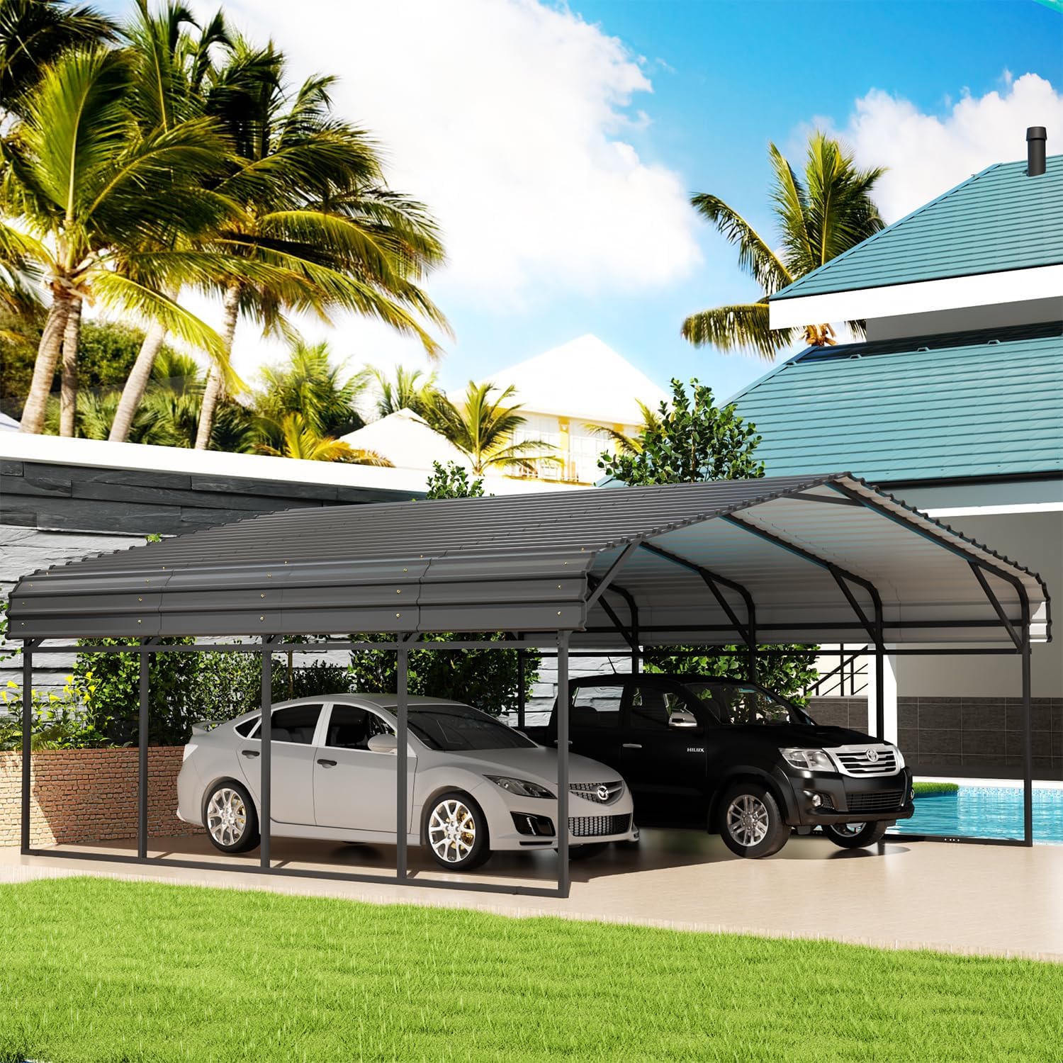 EBE 20' x 20' Metal Carport, Heavy Duty Outdoor Carport with Galvanized Steel Roof, Carport Garage Car Shelter Shade for SUV, Truck and Boats, Grey