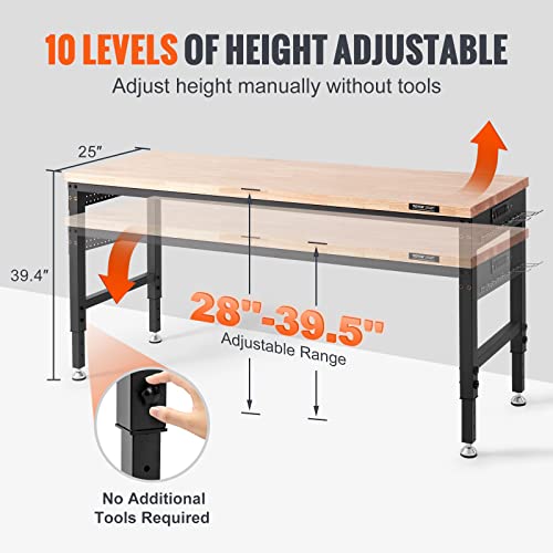 VEVOR 60" Adjustable Workbench, Heavay Duty Workstation 2000 LBS Load Capacity, with Power Outlets & Rubber Wood Top & Metal Frame & Foot Pads, for Workshop Office Home Garage