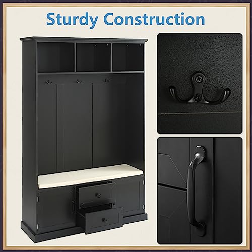 70.9 Inch Black Hall Tree, 3 in 1 Farmhouse Mudroom Bench with Storage and 4 Hooks, Wood Entryway Coat Rack Shoe Bench, Soft Cushion and Storage Drawers for Living Room, Bedroom, Hallway