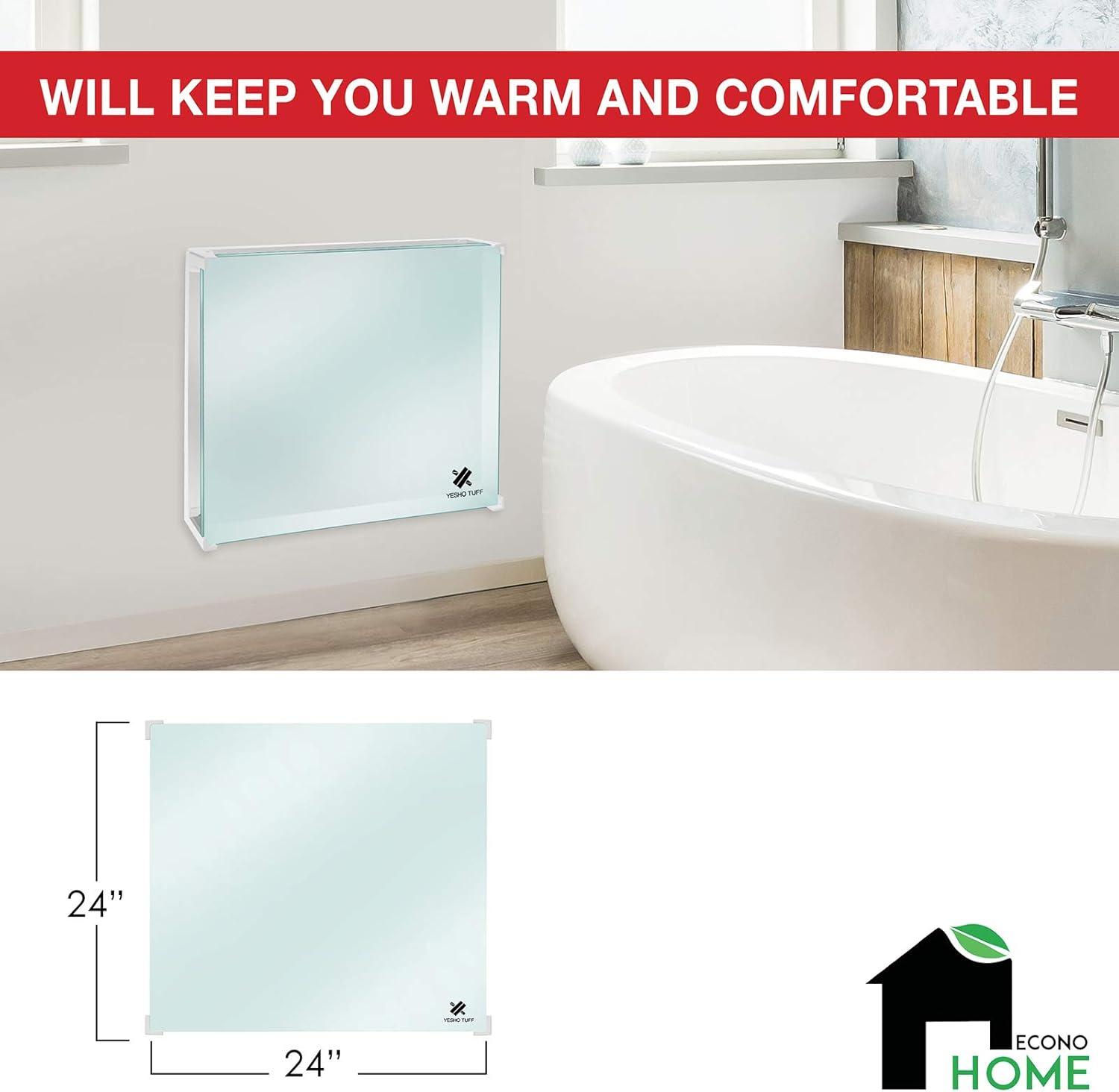 EconoHome Wall Mount Space Heater Panel - with Thermostat and Glass Heat Guard Cover - 400W Convection Heater - For 120 Sq Ft Room - 120V - Save On Your Home Heating Costs - Overheat Protection