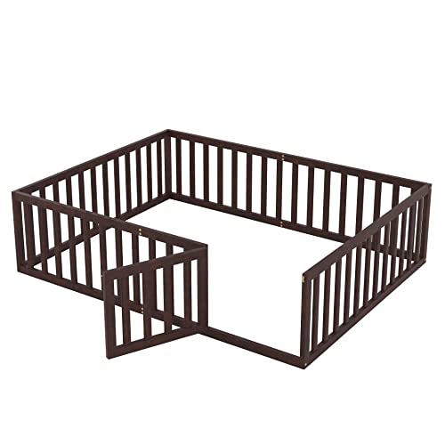 Twin Size Floor Bed Frame with Safety Fence and Door, Solid Wood Toddler Floor Bed with Fence, Twin Montessori Floor Bed Frame for Kids Girls Boys, Natural