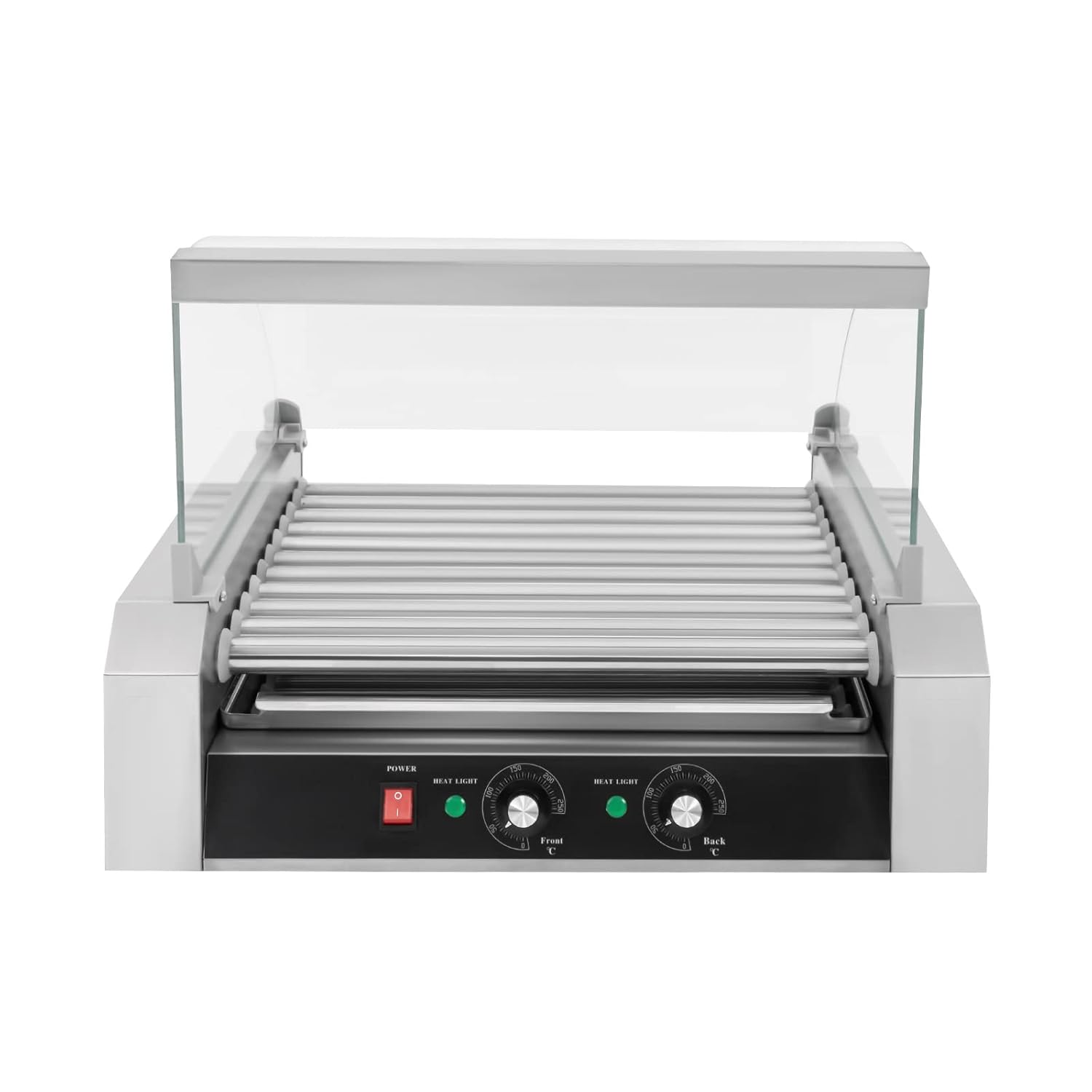 Electric Grill Cooker Machine, 30 Hot Dog 11 Roller with Cover, Commercial Grade, Hot Dog Roller, 1400W Stainless Steel Cook Warmer Machine with Cover & Dual Temp Control, Hot Dog Roller Machine