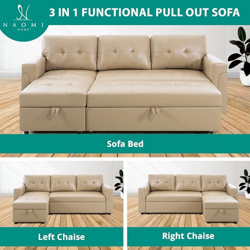 Naomi Home Jenny Sectional Sofa Sleeper with Storage Chaise, Tufted Pull Out Couch with Storage, L-Shaped Reversible Sleeper Sofa with Storage, Black,Air Leather
