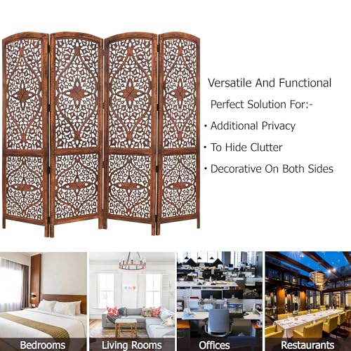 Room Divider Wood Screen - Ghanti Bells Antique Brown - 4 Panel Folding 72 x 80 - Assembled Hand Carved Decorative Functional Versatile Portable Partition Reversible Privacy Boho - COTTON CRAFT