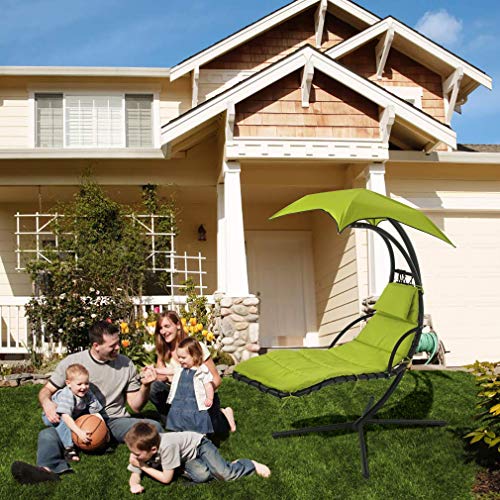 Hammock Chair Hanging Chair Lounge Chairs Outdoor Porch Swing Arc Stand with Canopy Umbrella and Pillow, 280 LBS Capacity, Heavy Duty Large Air Floating Chaise Chair for Patio Backyard Deck Garden
