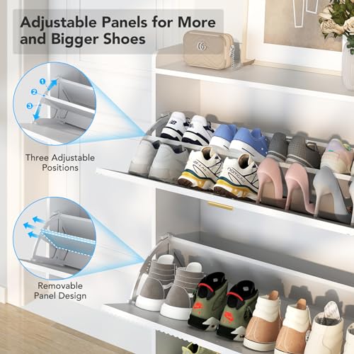 Shoe Storage Cabinet with 3 Flip Drawers, Slim Wooden Freestanding Shoe Cabinet, Hidden Narrow Shoes Rack Organizer for Entryway Hallway Entrance, Holds 28 Pairs, White