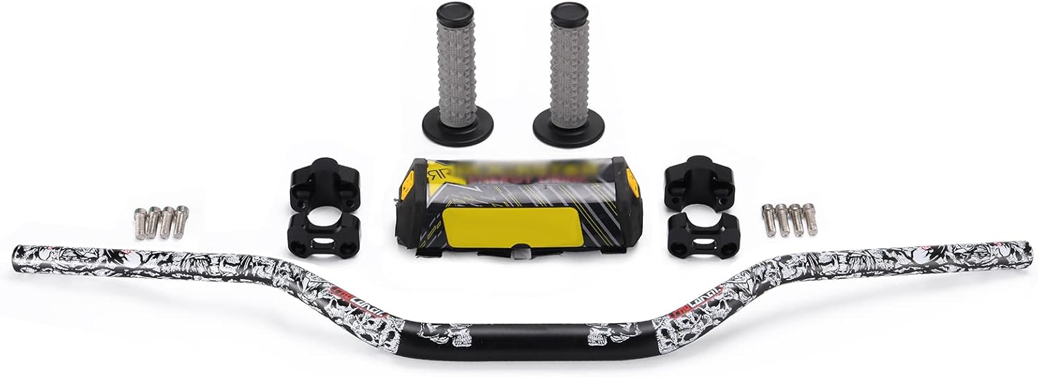 MOTOROFF 1 1/8" 28mm Dual Sport Handlebars 4 Pcs, with Square Bar Pad，1 1/8" Universal Grips，Handlebar Brackets. for Universal ATV Pit Dirt Bike Motocross (Red＋White)