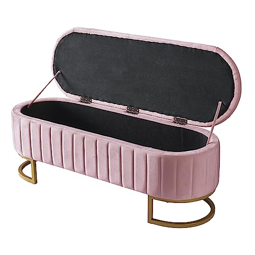 GERRIT Oval Storage Ottoman Bench with Button-Tufted, Velvet Upholstered Storage Bench with Metal Legs, End of Bed Ottoman Bench for Bedroom,Living Room,Fully Assembled Except Legs (Beige)