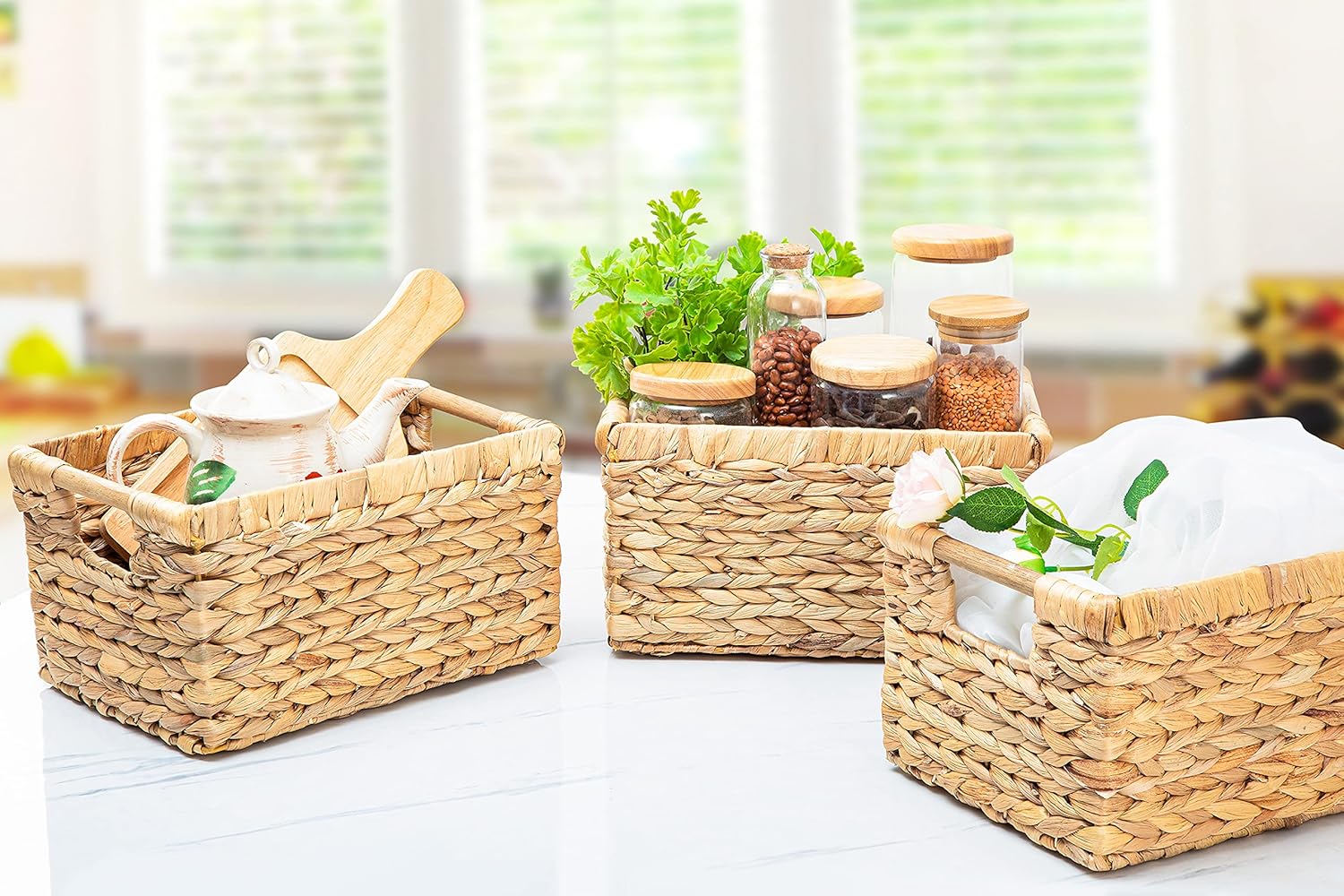 VATIMA Large Wicker Basket Rectangular with Wooden Handles for Shelves, Water Hyacinth Basket Storage, Natural Baskets for Organizing, Wicker Baskets for Storage 14.5 x 10.3 x 7.2 inches