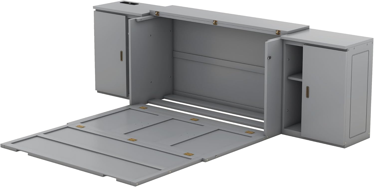 Murphy Bed Queen Size with Shelves and Cabinets,Murphy Wall Bed Queen with USB Ports,Queen Murphy Bed Cabinet for Kids,Boys,Girls,Adults,Bedrooms, Children's Rooms, Space Saving,Gray