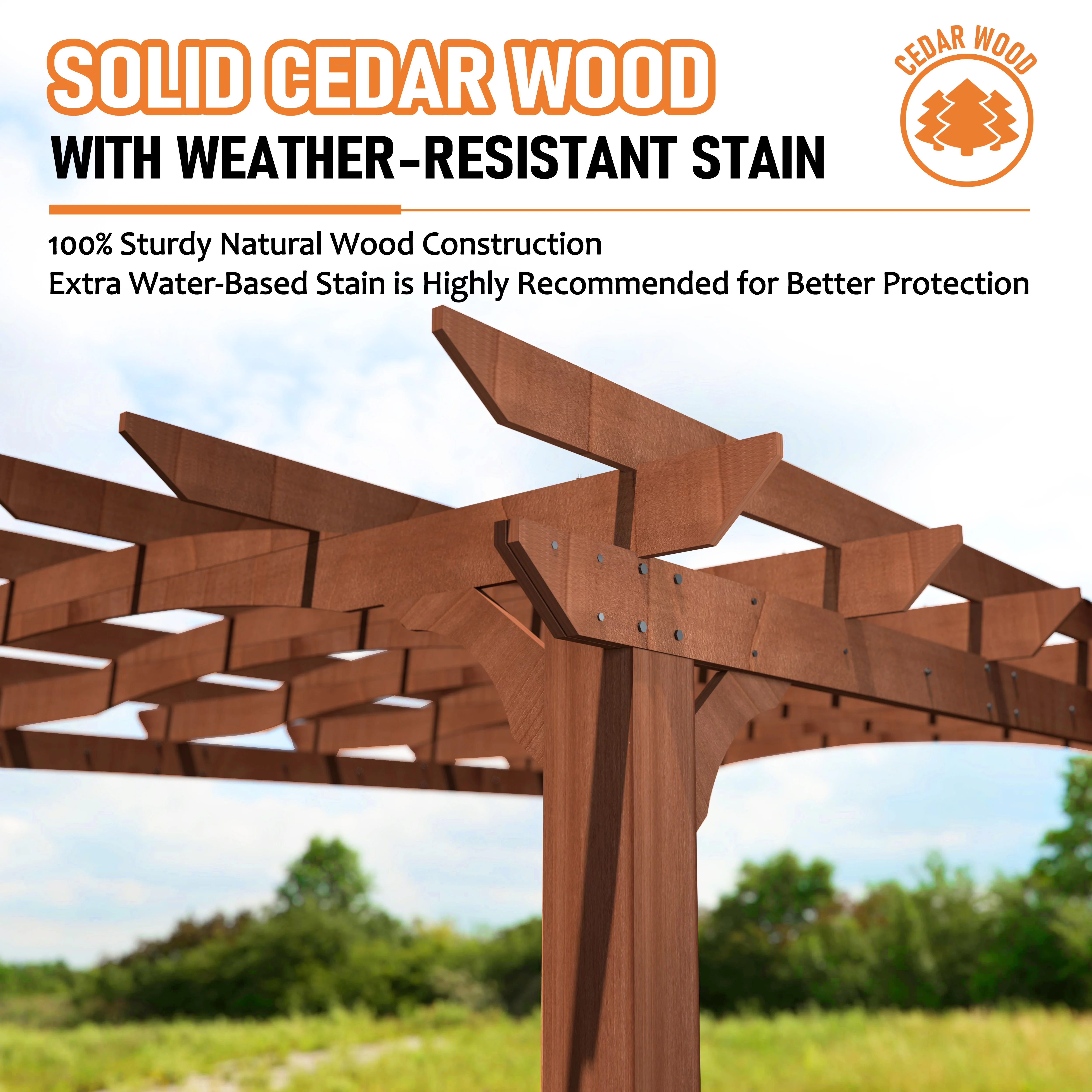VEIKOUS 12' x14' Cedar Wood Pergola w/ Arched Roof and Ground Stakes for Outdoor Patio, Garden, Deck