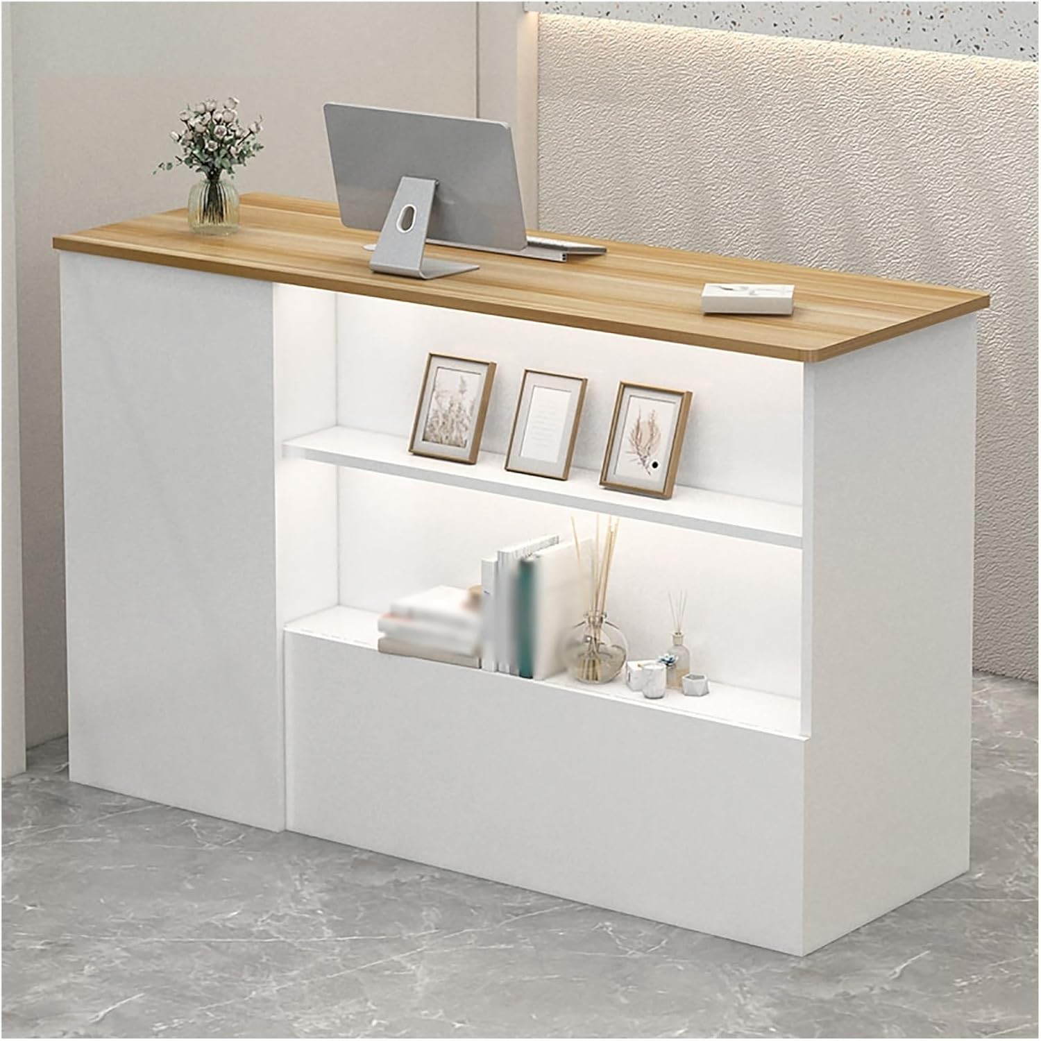 Reception Desk with Counter, Front Desk Reception Counter, Retail Counter Display Shelf & Lockable Drawers, Checkout Counter, for Salon Reception Room Checkout Office (E 2)
