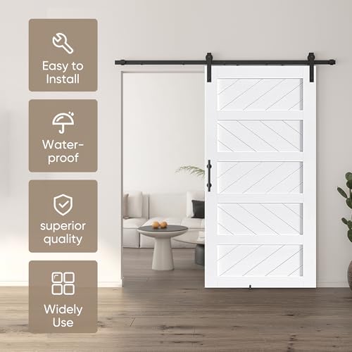 JUBEST 36" x 84" Barn Door, Slding Barn Door Kit Wave Shape Barn Door Panel with Hardware Kit Include, Easy Installation, Solid Wood, MDF & PVC Covered, Black