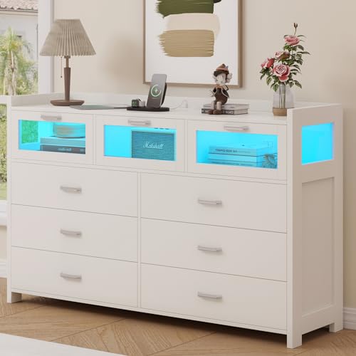 Black Dresser for Bedroom with 9 Drawers, Chests of Drawers with LED Lights and Charging Station, Modern Dresser with 3 Visual Drawers, Wood Wide LED Dresser for Bedroom, Closet, Entryway