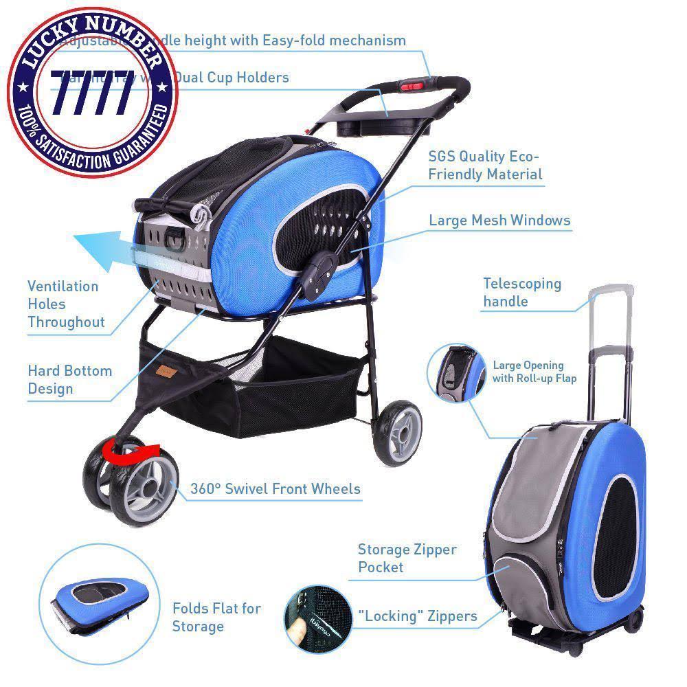 Ibiyaya 5 in 1 Pet Carrier + Backpack + Carseat + Pet Carrier Stroller + Carriers with Wheels for Dogs and Cats All in One (Blue