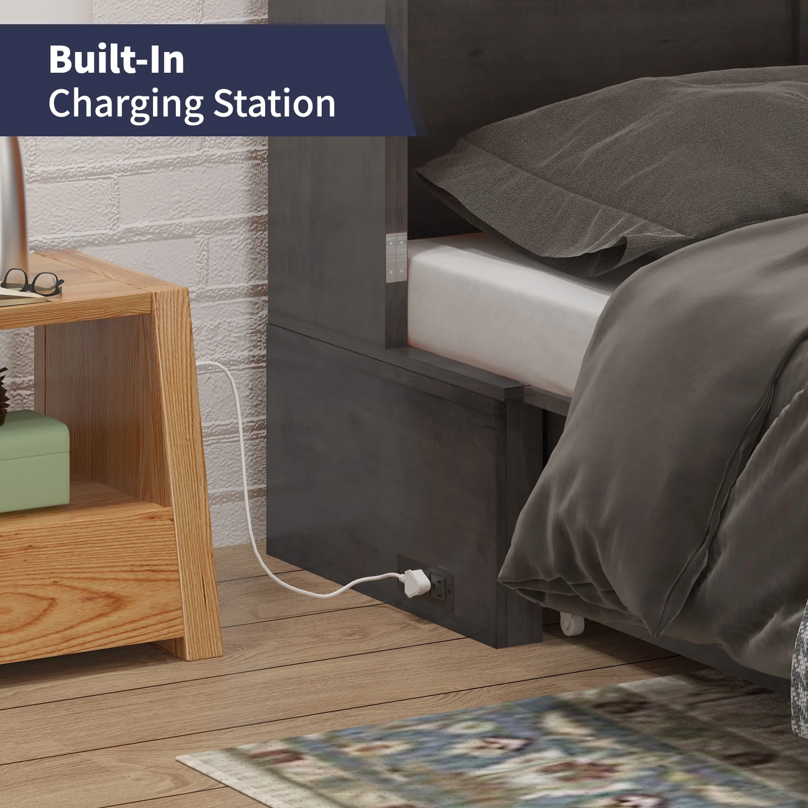ijuicy Queen Size Murphy Bed Cabinet with Built-in Charging Station and Storage Drawer, Solid Wood Cabinet Bed Queen Size with Mattress, Murphy Cube Chest Bed for Guest Room, Home, Office- Grey