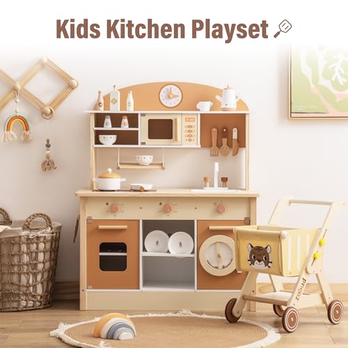 ROBUD Play Kitchen Set, Wooden Play Kitchen with Ice Maker, Fridge, Coffee Machine, Oven, Dishwasher, Microwave, Kitchen Accessories, Toy Kitchen Gift for Boys Girls, 3+