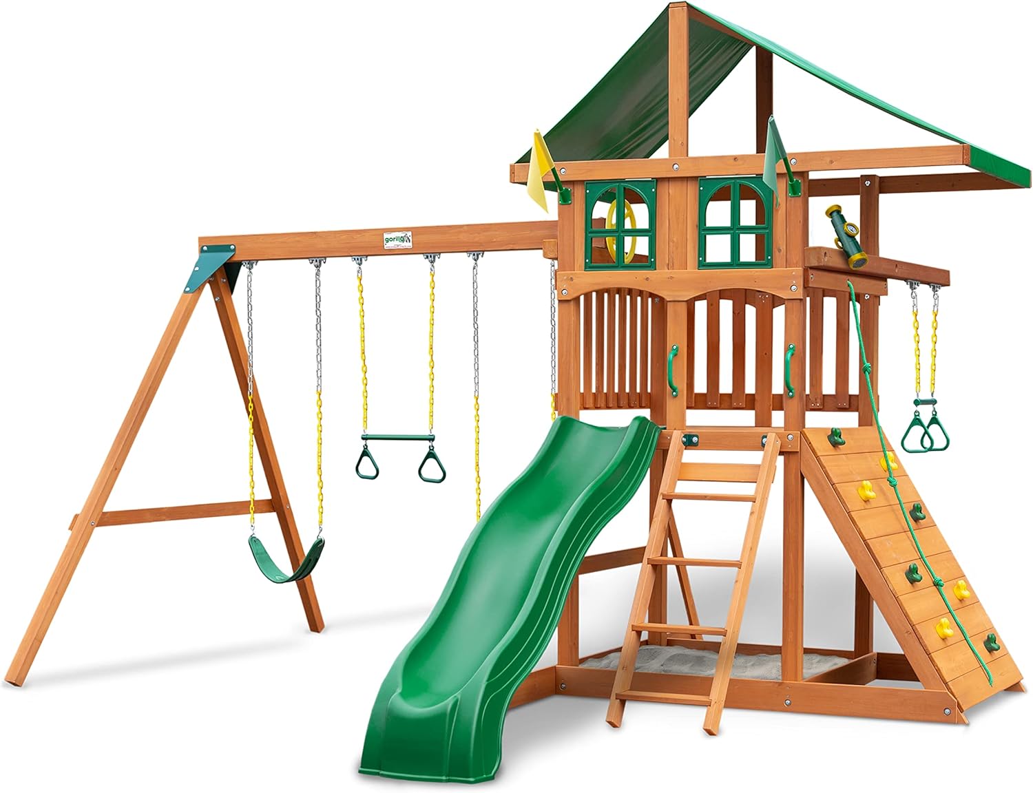 Gorilla Playsets 01-1080 Avalon Treehouse Wooden Swing Set with Oversized Green Vinyl Canopy Roof, Trapeze Arm, Climbing Wall, Ladder, Swings and Slide