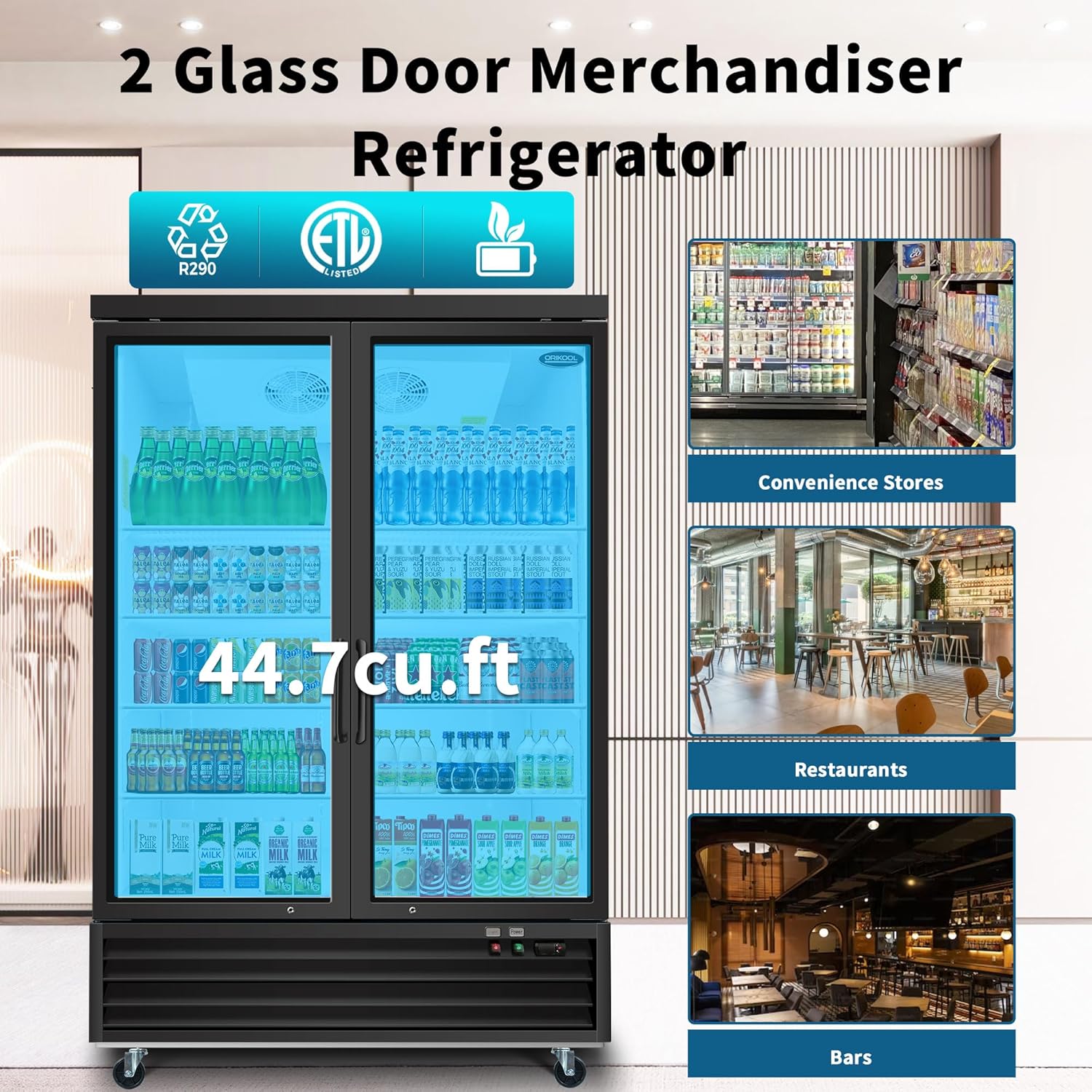 Glass Door Merchandiser Refrigerator with LED Lighting, 44.7 cu.ft Commercial Beverage Cooler, Auto Defrost, Extra Adjustable Shelves and Drink Organizers, ETL Certifications