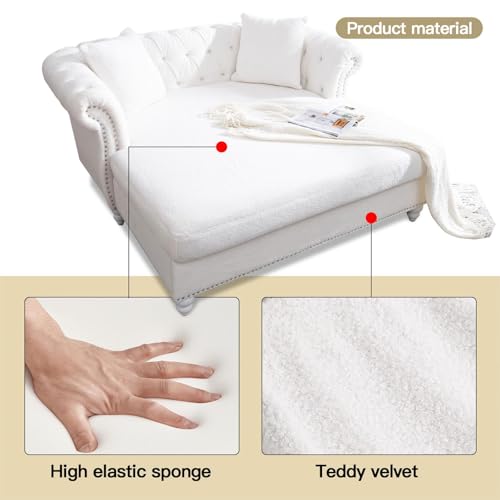 63" Chesterfield Double Chaise Sofa, Velvet Chaise Lounge Chair Indoor with 2 Pillows andRolled Arm Oversized Loveseat Sofa (White)