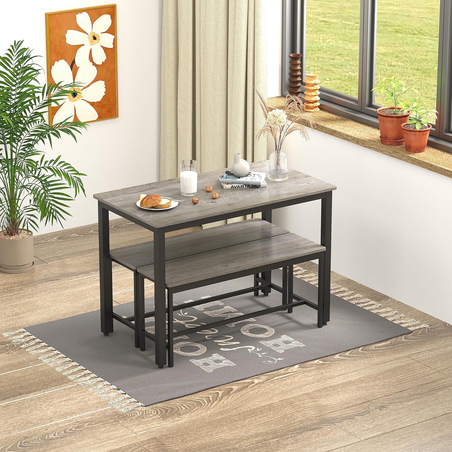 43.3 inches, 3-Piece Dining Furniture Set, Kitchen Small Dining Area with 2 Benches and Dining Table, Space Saving for 4 People, Gray and Black
