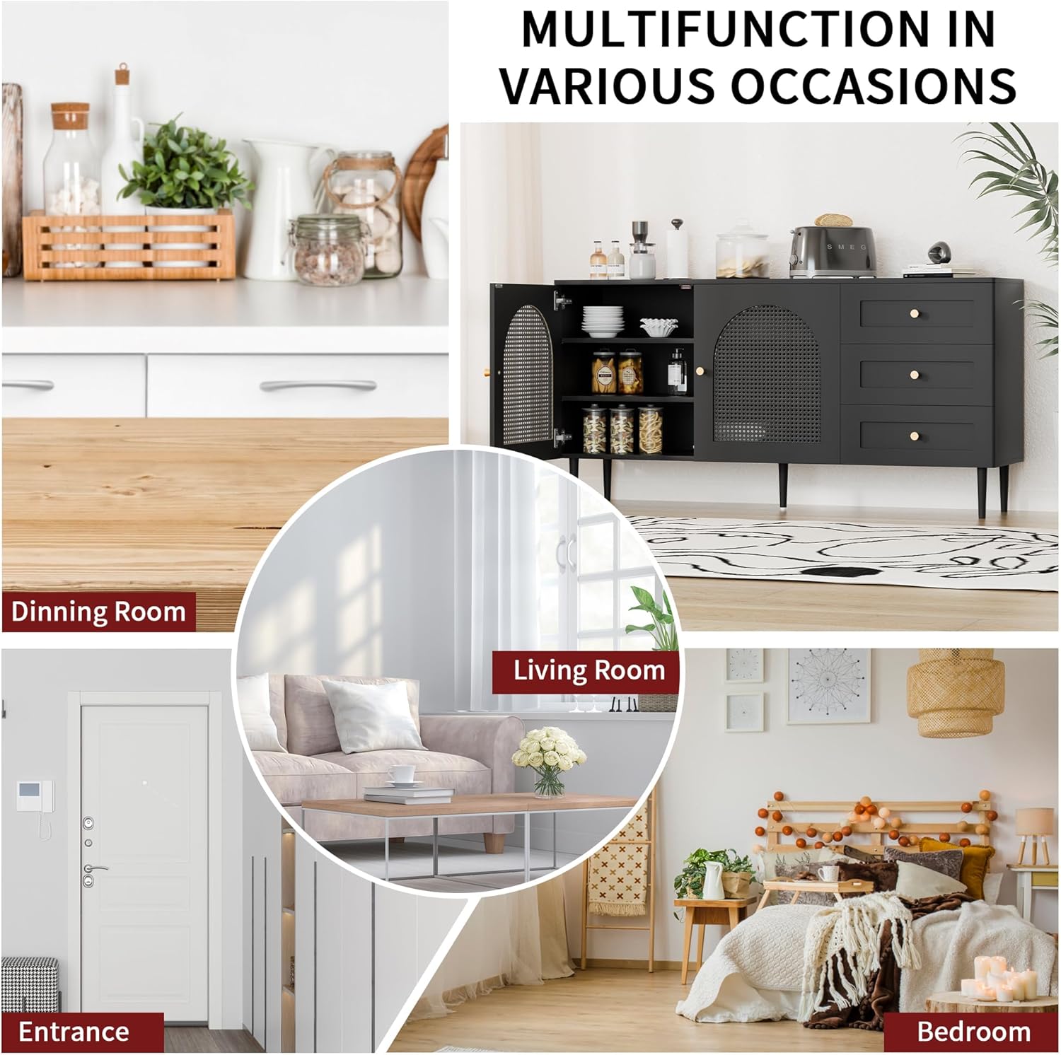 Modern Black Sideboard Buffet Cabinet with Storage & 3 Drawers, Console Table with Storage, Kitchen Cabinet Adjustable Shelves for Dining Room, Living Room, Entryway
