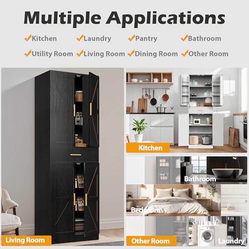 71" Tall Kitchen Pantry Storage Cabinet with 4 Doors & Drawer, Adjustable Shelves, Farmhouse Cupboard, Freestanding Cabinet with Door Shelves for Dining Room/Living Space, Black