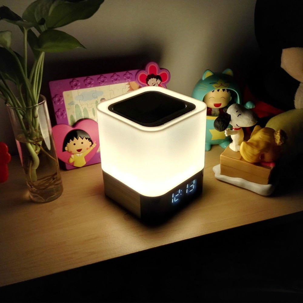 Aisuo Night Light-5 in 1 Bedside Lamp with Bluetooth Speaker,12/24H Digital Calendar Alarm Clock,Touch Control ,Support TF and SD Card,Music Player,Room Decor .