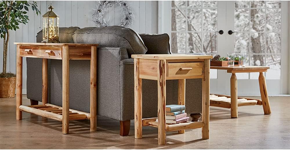 CASTLECREEK Pine Log End Table Nightstand, Rustic Natural Weathered Look Wooden Side Tables with Storage Drawer for Living Room Couch, Bedroom