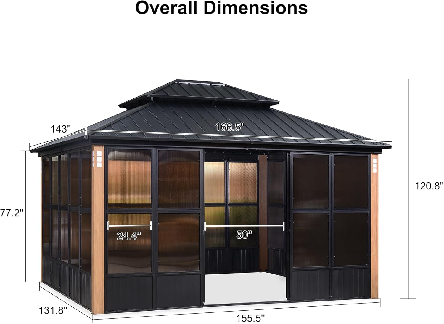 PURPLE LEAF 12' X 14' Patio Hardtop Gazebo Double Top Outdoor Screen House Aluminum Solarium Backyard Sun Room with Detachable Windows and 24 Solar String Light