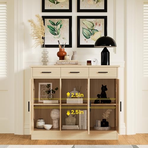 43.3" W Oak Buffet Cabinet, Coffee Bar Cabinet with 3 Drawers & 3 Doors, Kitchen Buffet Sideboard for Living Room, Kitchen