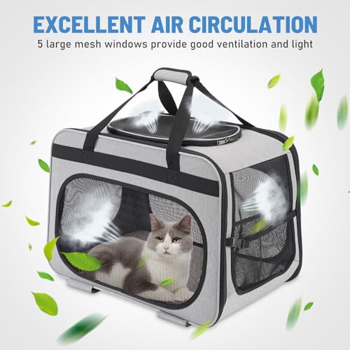 Extra Large Double Pet Carrier with Wheels for Small Dogs and All-Breed Cats, Cat Rolling Carrier for 2 Cats, Support up to 40 Lbs, Grey