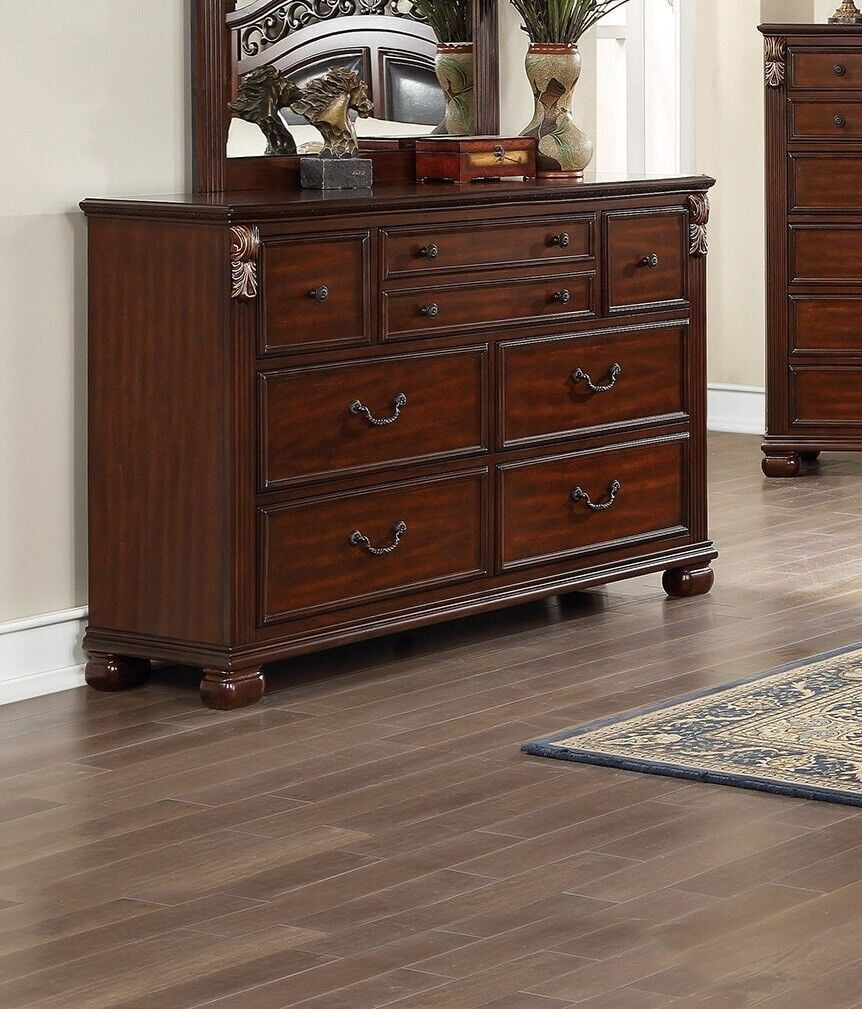 Royal Gorgeous Traditional Est King Size Bed Dresser Mirror Chest Wooden Brown Finish 4p Set Bedroom Furniture