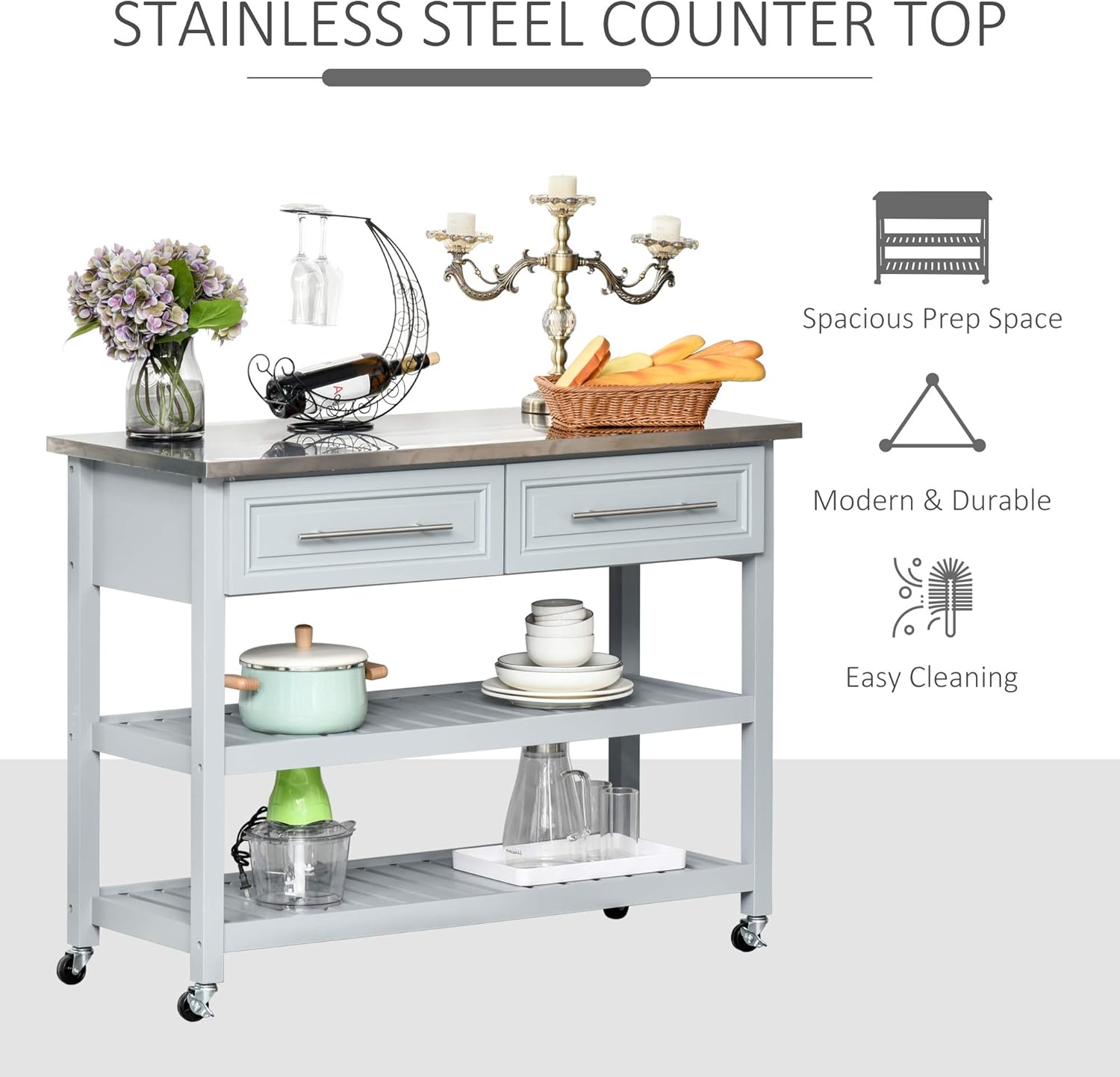 HOMCOM Kitchen Island Stainless Steel Top Rolling Utility Cart with Drawers, Shelves - Grey