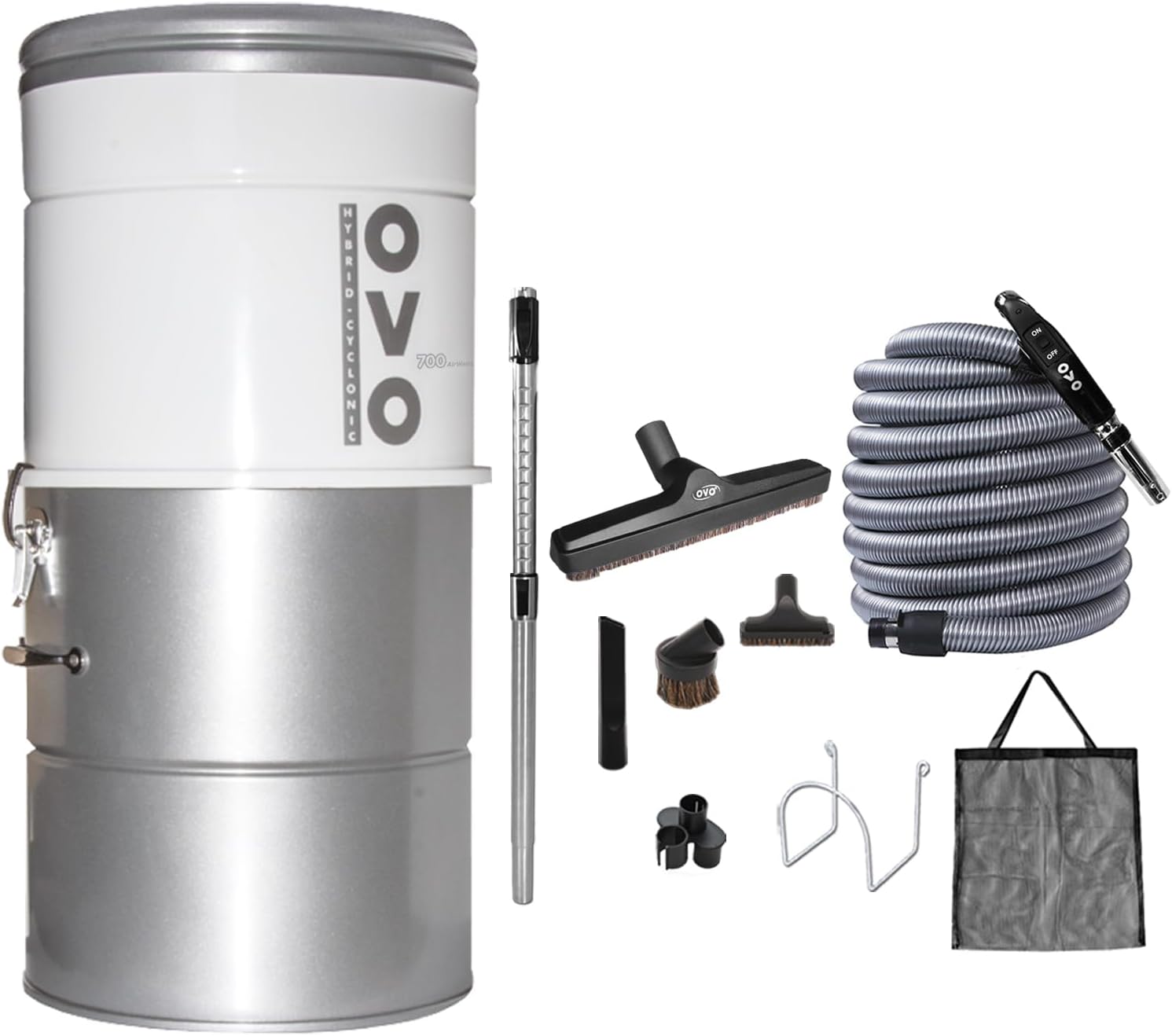 OVO Unit 700 Airwatts Large and Powerful Central Vacuum System, Hybrid Filtration (with or Without Disposable Bags) 25L or 6.6 Gal, 30 ft Deluxe Accessory Kit Included, White