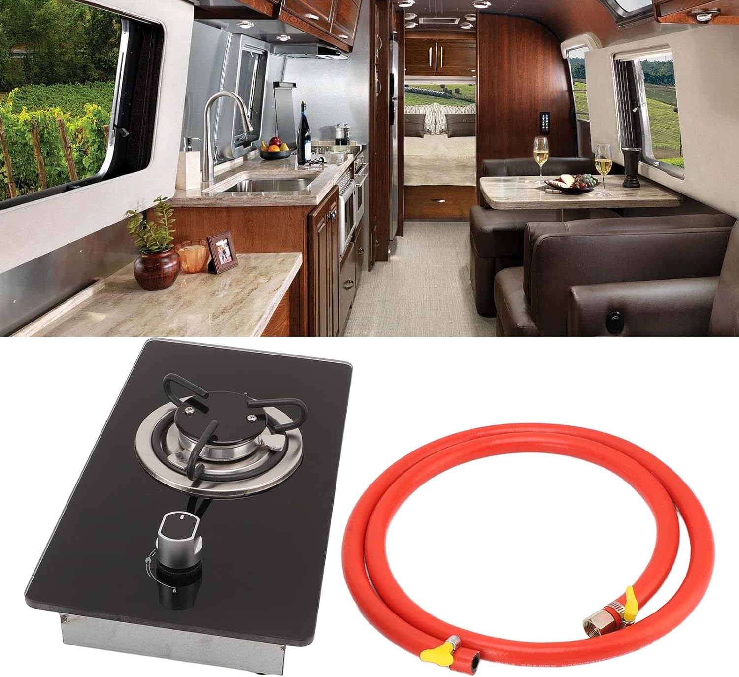 Single Burner Gas Cooktop, 1.8Kw Stainless Steel RV Gas Stove Top with Stepless Adjustable Fire, Portable Tempered Glass 1 Burner Gas Stove for RV Yacht Caravan Apartments Camping