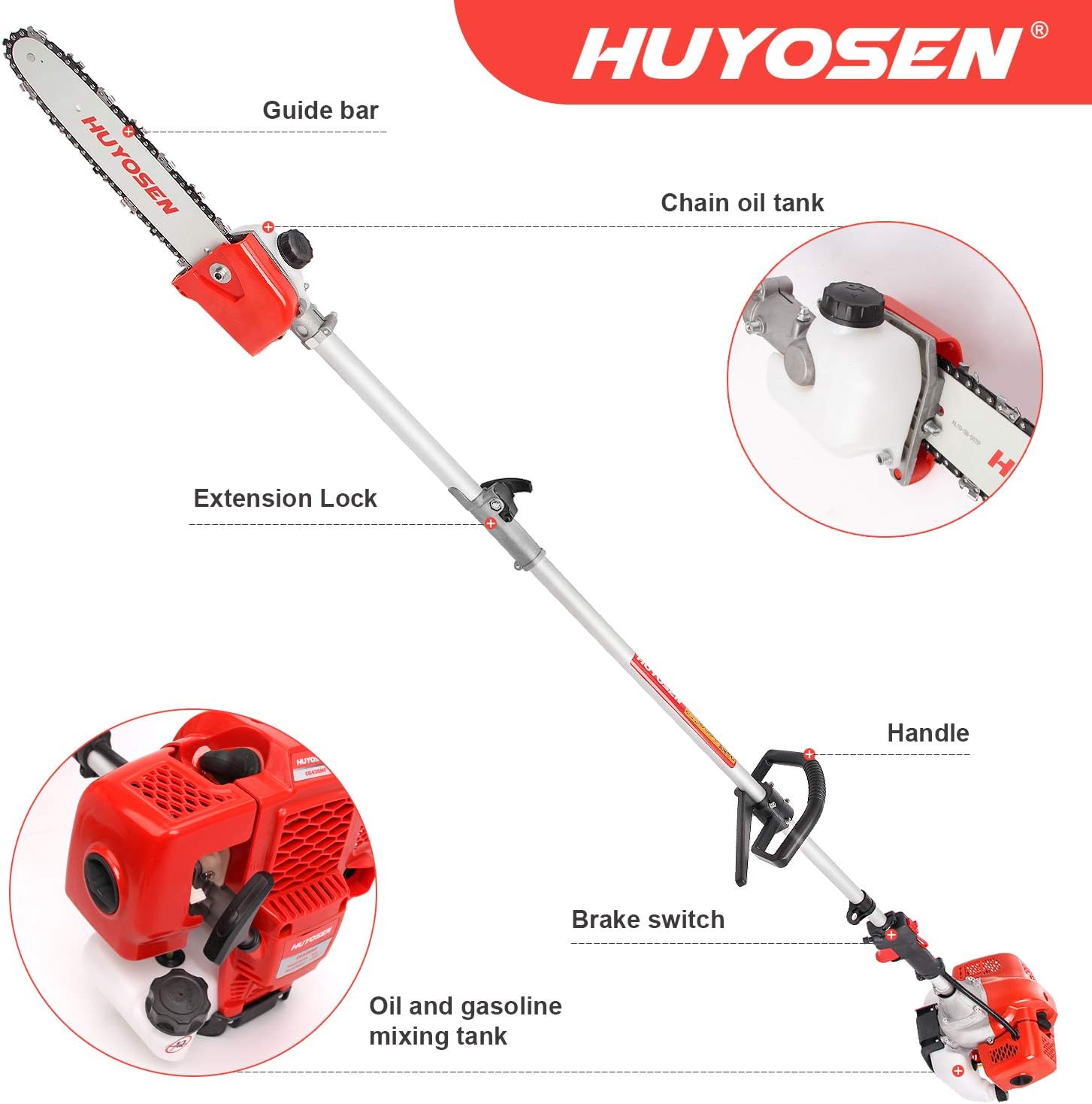 HUYOSEN Gas Pole Saw, 45CC 2-Cycle Pole Saws for Tree Trimming 8.2 FT to 11.4 FT Extension with Multifunctional 5 in 1 Weeder Eater, Hedge Trimmer, Chinsaw, Brush Cutter and 3T Blade